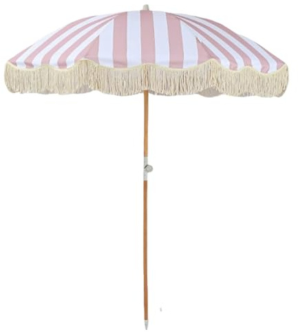 XOBRJQZ 200 cm Sonnenschirm mit Fransen und 8 Glasfaserstangen, Rosa Weiß UPF 50+, Tragbarer Terrassenschirm für Terrasse, Garten und Pool