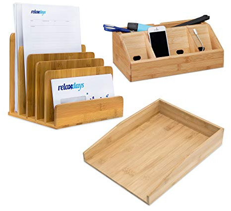 Relaxdays 3 TLG. Schreibtisch Set, aus Bambus, Briefablage für A4, Dokumentenhalter, Schreibtisch-Organizer mit Handyhalter, Natur