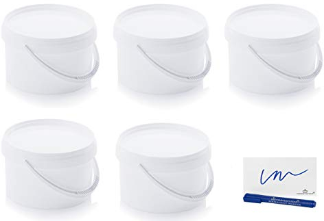 MARKESYSTEM - Cubo HERMÉTICO Catering - Pack de 5 X 2,6 litros - Cubos de Plástico con Tapa - Contenedores Apilables - Envasar Alimentos, Líquidos y Pinturas - Polipropileno Blanco + Kit Etiquetado