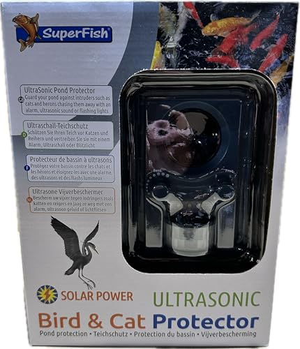 Superfish Ultrasonic Bird & Cat Protector - Heron Deterrent with Alarm, Ultrasonic Sound and Flashing LED Lights