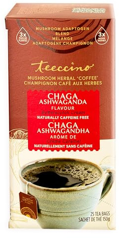 Teeccino Chaga Ashwagandha Herbal Tea - Butterscotch Cream, Organic Mushroom Adaptogenic, 3x More Herbs, Prebiotic - 25 Tea Bags