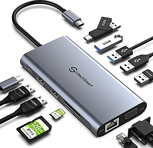 Docking Station, UtechSmart 12 in 1 Full Quadruple Display USB C Docking Station, USB C Hub Kompatibel für macOS&Windows,Thunderbolt 3 Dock(HDMI,VGA,PD3.0,USB-C,Ethernet,SD/TF Card Reader,USB Ports)