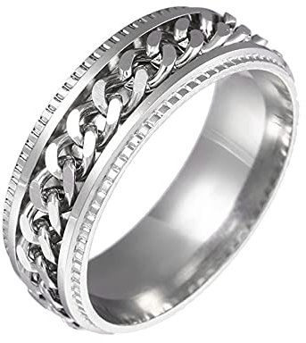 Yifnny Spinner Ring, Edelstahl Kette Spinner Ring Zappel Ring Verflechtungs-Spins Ring mit Gerillter Kante Coole Daumenring Schwarz Spinner Ringe für Damen Herren (Silber, 8)