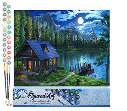 Figured'Art Malen Nach Zahlen Erwachsene See am Abend - Paint by Numbers Basteln DIY Bastelset 40x50cm ohne Holzrahmen