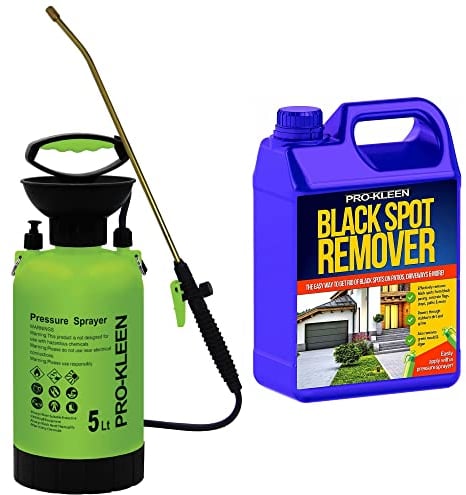 Pro-Kleen Patio Cleaner Garden Pressure Pump 5L Sprayer Manual Action - Brass Lance - 2 x Spare SealS & Black Spot Remover 5L - Weed Killer, Pesticides, Herbicides, Insecticides, Fungicides