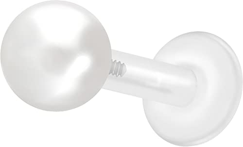 PIERCINGLINE PTFE Labret mit Gewinde Titan AUFSATZ synth. PERLE Piercing Lippe Nase Ohr Helix Tragus Medusa Perlenfarbe weiß 4 mm 1,2 x 7 mm