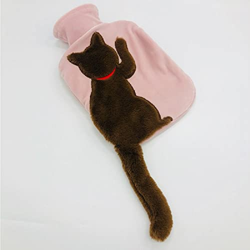 Cute Hot Water Bottle PVC with Faux Fur Cover 1000ML Hot Water Bag for Hot and Cold Compress 1 Litre Capacity Gift Christmas New Year Valentine's Day Birthday Anniversary Pink Brown Cat