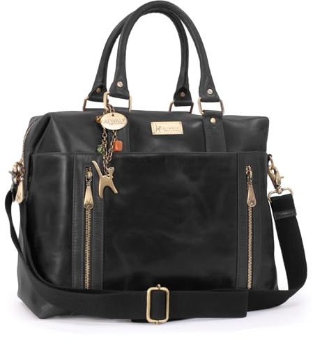 Catwalk Collection Handbags Genuine Leather Holdall Bag Vienna Black | Women's Medium Overnight Bag, Weekend Travel Duffel, Adjustable Detachable Crossbody Strap, Multiple Pockets, Secure Zipper