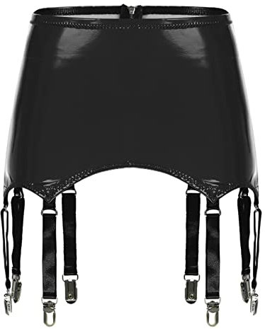iEFiEL Damen Leder Optik Strumpfgürtel Strapsgürtel Strumpfband Punk Wetlook Gürtel Strapsen Lackleder Minirock Dessous Schwarz 4XL