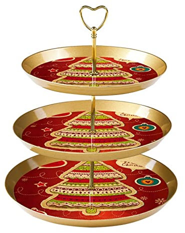 JAVENPROEQT Soporte para cupcakes de 3 niveles, cartón rojo, árbol de Navidad, feliz Año Nuevo, platos de postre de plástico para cumpleaños, fiesta de té, baby shower y decoraciones de boda