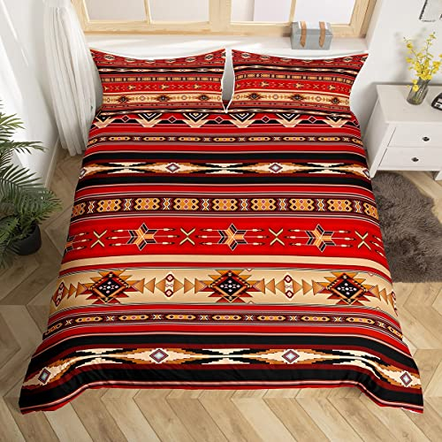 Aztekische Bettwäsche Ethnische Tribal Pfeil Bettbezug, Vintage Southwestern Native Bohemian Bettbezug 155x220,Western Star Bett Set Exotische geometrische Diamantstreifen Dekor, rot schwarz