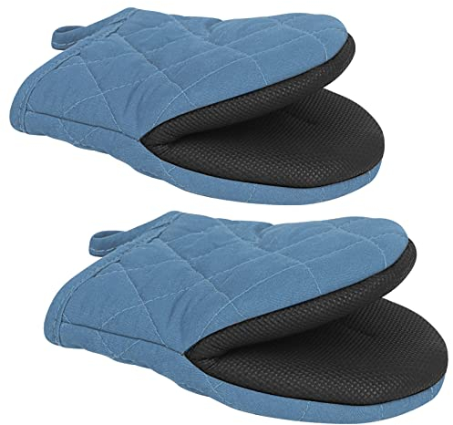 Qulable 1 Pair Short Oven Mitts - Silicone Kitchen Oven Gloves High Heat Resistant 500℉, Mini Oven Mits with Non-Slip Grip Surfaces and Hanging Loop for BBQ, Baking, Cooking and Grilling (Bule)