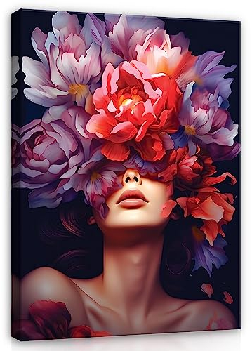WallArena - Images sur toile - Motif : femme - Visage et fleurs - Abstrait - 120 x 80 cm - Tableau mural XXL grand format mural pour salon, chambre à coucher, salon