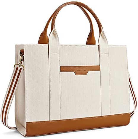 Missnine Sac de transport en toile pour ordinateur portable 15,6 - Grande capacité - Pour le bureau, l'école, les voyages, beige et marron, Élégant