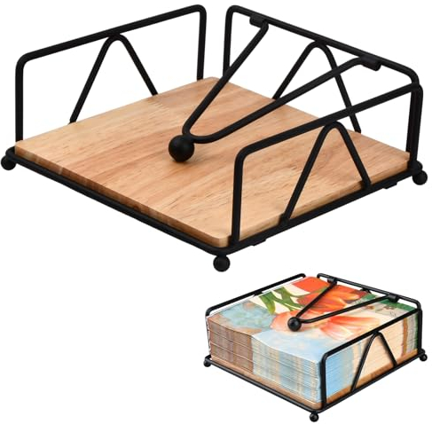 Natuce Serviettenhalter Metall Holz, Moderner Serviettenständer, Serviettenspender mit Gewichteter Stange, Papierserviettenhalter, Taschentuchspender für Küchen Restaurants Bar -16.7x16.7cm(Schwarz)
