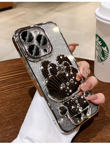 BSLVWG Compatible for iPhone 15 Pro Case Cute,Gradient Glitter Bling Cover with Rabbit mirror,Anti-Scratch Soft TPU Slim Fit Shockproof Protective Cases with Stand for Women Girls (Silver)