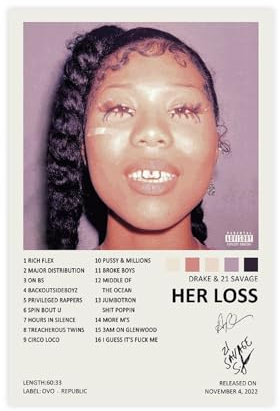 GUyfam Drake 21 Savage Poster Her Loss Musikalbum Cover signiertes limitiertes Poster Leinwand Poster Wandkunst Dekor Druck Bild Gemälde für Wohnzimmer Schlafzimmer Dekoration 20 x 30 cm
