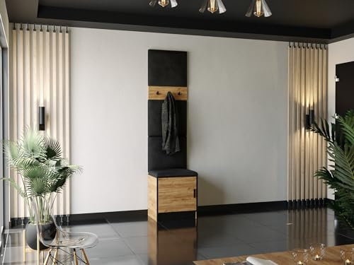 KIER FURNITURE Flurgarderobe Mit Gepolstertem Sitz Und Paneelen – Gardarobenstaender – Sitzbank Garderobe – Flurgarderobe Schmal – Farbe Eiche Craft Golden + Stoff Schwarz – 53,2 x 205 x 39 cm