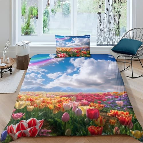CRJUS Tulpe 3D Bettwäsche-Set Weich Mikrofaser Bettwäsche Set,für Unisex,Animemit Bettbezug Und Kissenbezug Haltbar Atmungsaktive Single（135x200cm）