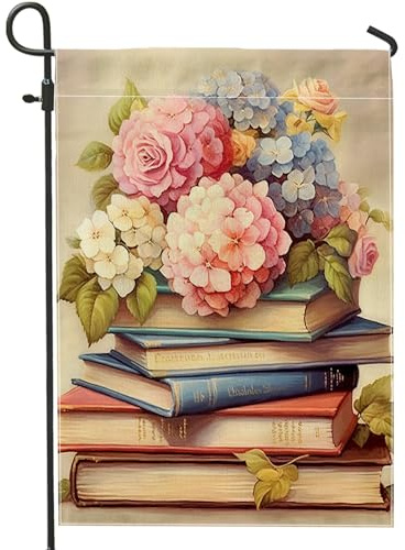 Hortensie Gartenflagge Vintage Floral Buch Bibliothek Mittelalter Viktorianisch Preppy Leinen Braun Mini Schwere Dicke Home Party Indoor Outdoor Zaun Rasen Garten Outdoor Flagge 30,5 x