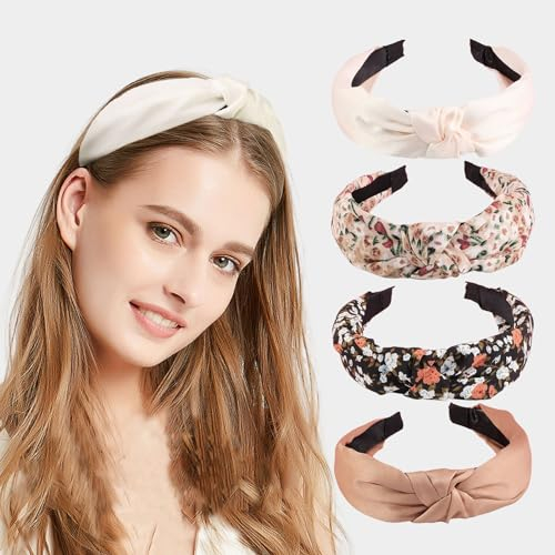 Kotkiddy 4 Stück Haarreifen Damen, Haarreif, Boho Womens Stirnbänder Mode, Headband knoten Warp,Knoten stirnband trendy, Haarbandhaarzubehör