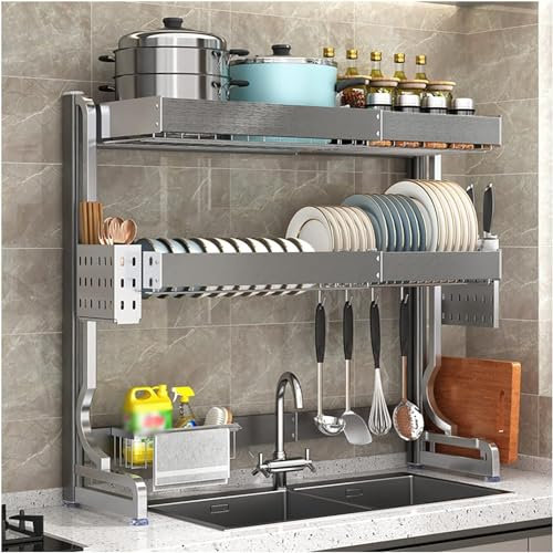 Escurridor de platos sobre el fregadero, estante de secado de platos de 2 niveles, ajustable (24.4-38.2 pulgadas), escurridor de platos, con soporte para esponja para utensilios (color: A, tamaño: