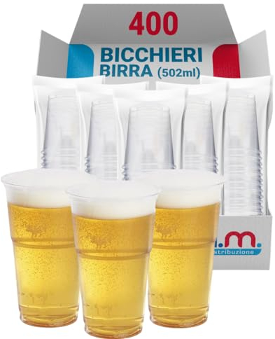 G.M. DISTRIBUZIONE 400 Bicchieri Birra da 500ml in PP Trasparente, Bicchieri Usa e Getta per Birra tacca 4cl, Bicchieri Monouso per Bar e Lounge Bar