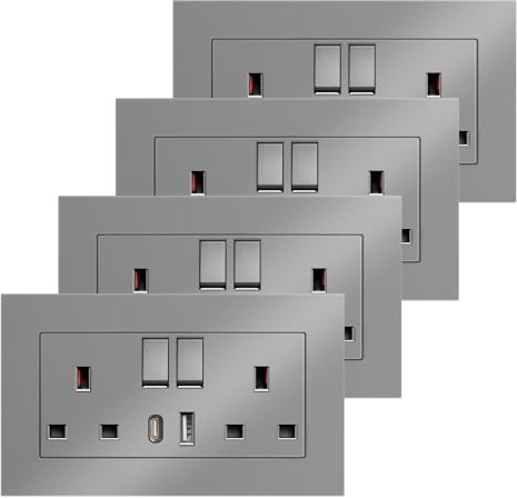 4 Pack Double Switched Power Socket with USBA and Type C Fast Charging Ports, 2 Gang 13 Amp Electric Power Sockets,UK Standard Wall Socket (Grey)