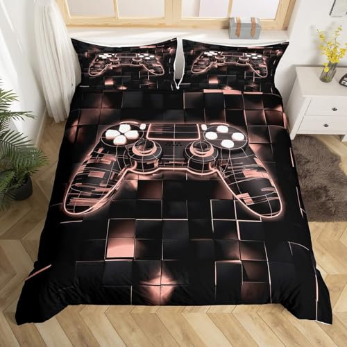 Homewish Gaming Housse de Couette 220x240 cm avec 2 Taies d'oreiller, Parure de Lit Gamer pour Garcon Fille, Sets de Housses de Couettes Manette de Jeux Couvre Lit Carré Géométrique Rose Clair