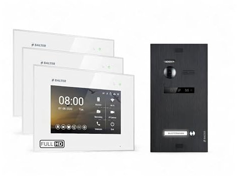 SCHUTZER Balter EVO HD Video Türklingel mit Kamera, 2 Draht Türsprechanlage 1 Familienhaus, 3x7 Zoll Monitore, Full HD, Nachtsicht, Video Gegensprechanlage mit Türöffner, Kamera für Haustür