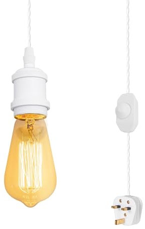 FSLiving 4.5 Meters of White Twisted Fabric Cable Plug in Pendant Lighting Kit Pendant Light Fitting with Dimmer Switch and E27 White Lamp Holder