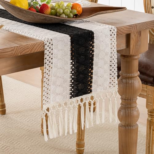 Tischläufer Schwarz Boho Winter Landhausstil Tischläufer Modern Rustikaler Makramee Vintage Quaste Waschbar Tisch Dekoration für Küche Esstisch 30x140cm
