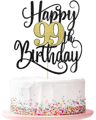 happy 99th birthday cake topper， 99 birthday party cake decorations (Black and gold flashes, 99th)