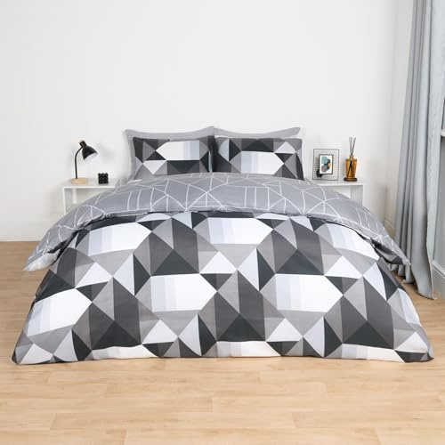 OHS Double Duvet Set Mason Retro Geometric Reversible, Soft Cosy & Comfy White & Grey Geometric Pattern Double Quilt Cover & 2 Pillowcases - Monochrome