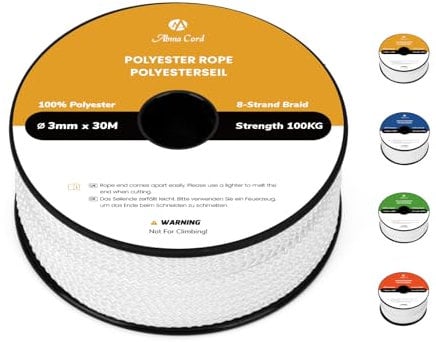 Abma Cord Corda in Poliestere Corda Intrecciata 3mm x 30m Corda Multiuso Bobina - Bianca