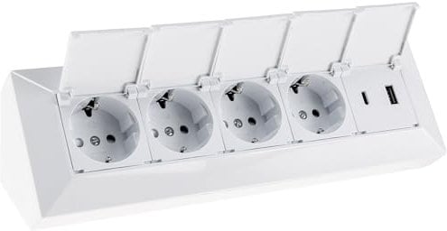 ChiliTec Steckdosenblock 4-Fach Mehrfachsteckdose mit Klappdeckel USB-A USB-C PD 230V Steckdose für Küche Büro Werkstatt Weiß