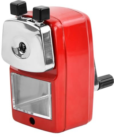 Anspitzer Metall mit Kurbel, Manuelle Spitzmaschine, Bleistiftspitzer mit Behälter, Kurbelanspitzer für Schreibtisch, Bleistift, Kinder, Schule, Büro (Rot)