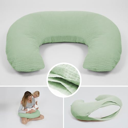 PaLulli® Stillkissen Klein aus 100% Musselin Baumwolle - Mit Abnehmbarem Stillkissenbezug, Atmungsaktiver & Ergonomischer Stillmond, Waschbares Stillhörnchen, Nursery Pillow (Salbei grün)