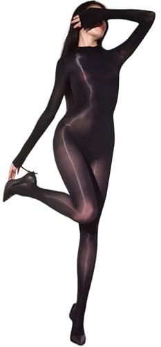 RUIBAVYA Bodystockings für Damen GläNzend Bodysuit Women GanzköRper Strumpfhosen Sexy Hoher Kragen Nylon Catsuit