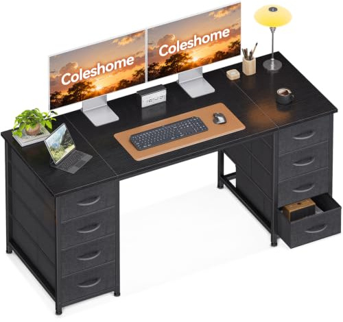 Coleshome Schreibtisch Mit 8 Stoff Schubladen, 140×48 cm, Schwarz | PC tisch, Bürotisch, platzsparend, einfache Montage, für Homeoffice, Familienecke & Schlafzimmer