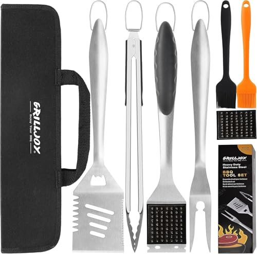 grilljoy 8-teiliges Grillwerkzeug-Set mit extra dickem Edelstahlspatel, Gabel, Zange und Reinigungsbürste, komplettes Grillzubehör-Set mit tragbarer Tasche, perfektes Grillgeschenk für Männer, Schwarz
