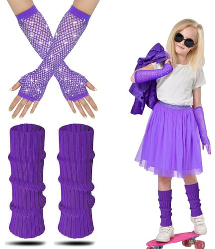 AffeGifts Neon Leg Warmers Kids, Kids 80s Purple Knitted Warm Leg Warmers With Neon Fishnet Gloves 80s Costume Accessories Set For Girls Fancy Dress 1980s Theme Party (Purple, 1)