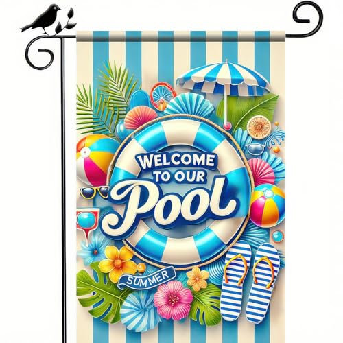 BlissYard Welcome to Our Pool Summer Garden Flag 12x18 Inch Double Sided Summer Swimming Pool Yard Flag Palm Leaf ParasolParty Seasonal Farmhouse Banner Outdoor Decor Poolside
