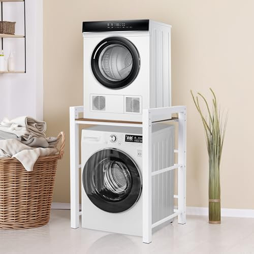 Estantería Lavadora Secadora Mueble Para Lavadora Altura Ajustable Metal Soporte Separador Lavadora Secadora Exterior, Carga 350kg, 75x65x105 cm para Baño Cocina Lavandería Balcón, Blanco/Negro