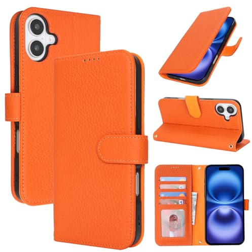 Zouzt Leather Wallet Case for iPhone 16 (6.1), 4 Card Slot, Orange | Genuine Leather, Card Holder, Shockproof TPU Shell, Magnetic Closure, Protective Flip Folio Phone Cover, For Women Men