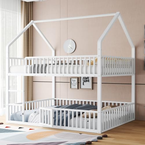 YuQozii Kinder-Etagenbett 140 * 200, Metall-Doppelbett, Kinder-Familienbett, Etagenbett mit Treppe, Loft-Design, Unteres Bett mit Kleiner Tür zum Öffnen und Schließen (Weiß)