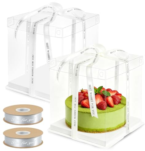 2 Stück Transparente Kuchenboxen 30x30x25cm | Hochwertige Tortenbox Mit Sockel & Band | Wiederverwendbare Geschenkbox Durchsichtig Für Geburtstag, Hochzeit, Dessert | Robuste Kuchenschachtel (Weiß)