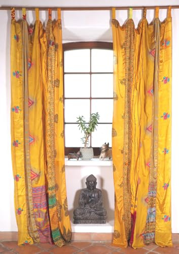 GURU SHOP Vorhang 2 Stück seidige upcycling Gardine aus Patchwork, gelb | Lichtdurchlässige Vorhänge aus 100% Polyester, ideal für gemütliche Boho-Atmosphäre, Unikat-Design, kunstvoll verarbeitet
