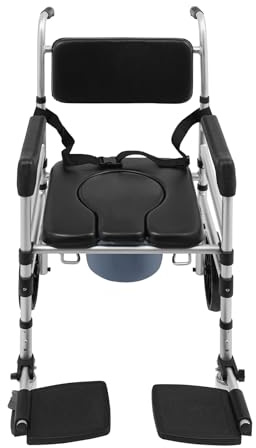 3 in 1 Mobiler Toilettenstuhl für Senioren,U-Sitz WC Stuhl Duschstuhl mit Rollen und Sicherheitsgurt,Höhenverstellbar & Klappbar,Max Tragkraft 150kg,Aluminium Toilettenhilfen Rollstuhl für Ältere