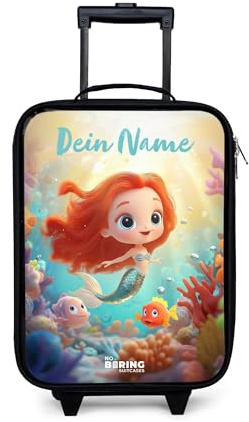 NoBoringSuitcases© Kinderkoffer Klein Personalisiert mit Name Reisekoffer | 48x31x19 cm - Kleine Kinder Koffer Luggage mit LED Rollen Suitcase Meerjungfrau - Fisch - Koralle